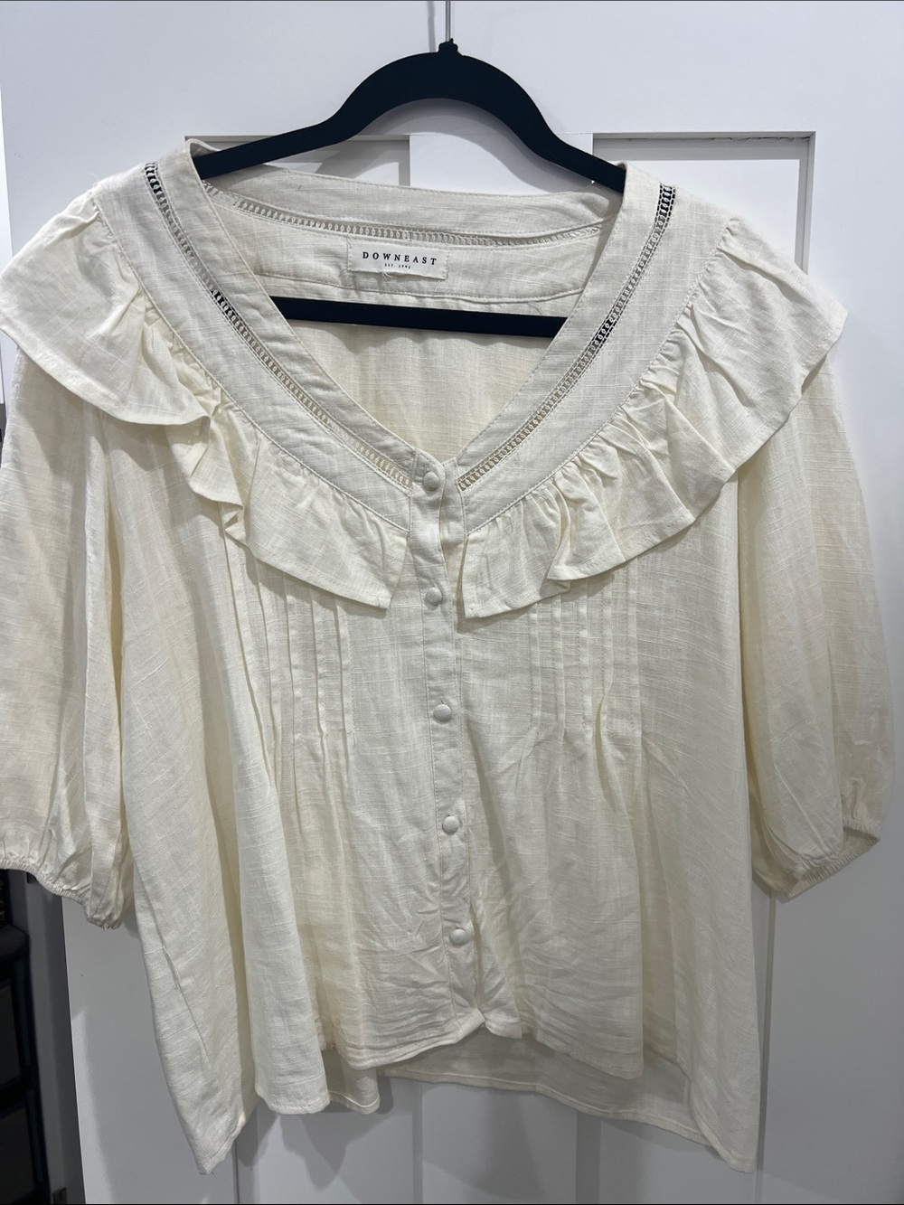 DownEast Cream Ruffle-Trim Button Front Blouse